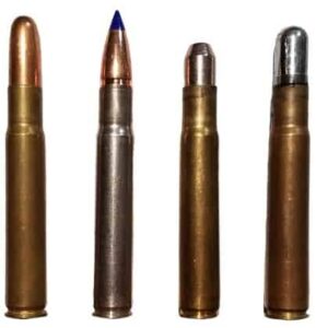Ammunition cartridges with various bullet tips showcasing firearm shooting components for reloaders and shooting enthusiasts.