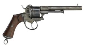 Rustic vintage revolver with wooden grip and metal barrel, emphasizing classic firearm design.