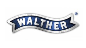 Vintage Walther logo with metallic and blue accents, emphasizing quality branding.