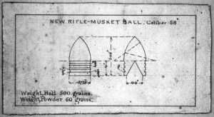 High-quality vintage ammunition blueprint image showing detailed rifle-musket ball design with specifications for powder and projectile weights, perfect for gun enthusiasts and historians.