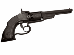 A vintage black revolver with a wooden grip and metal barrel, ideal for hunting, target shooting, and firearm collecting. Precision-crafted handgun for firearm enthusiasts.
