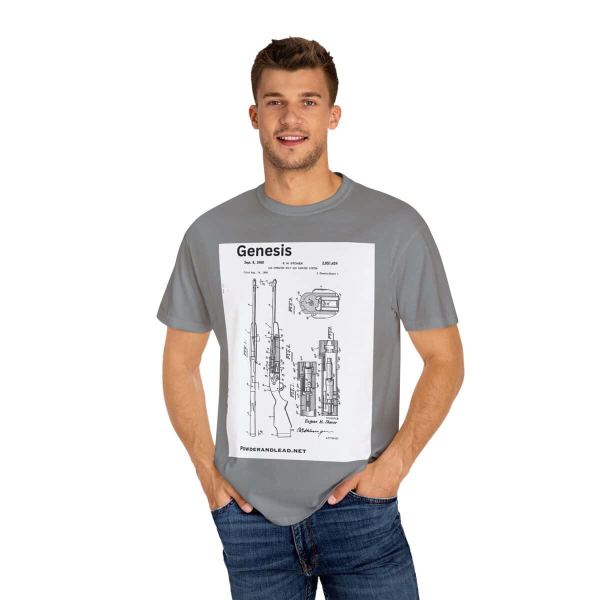 Genesis: The Origin of the Modern Rifle — T-Shirt — every story has a beginning — for the modern rifle, it began with Eugene Stoner - Image 8