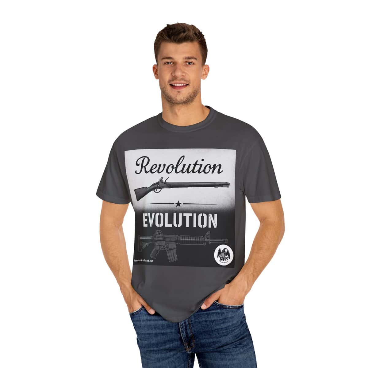 Revolution-Evolution T-shirt -- blackout edition -- subdued modern rifle - Image 4