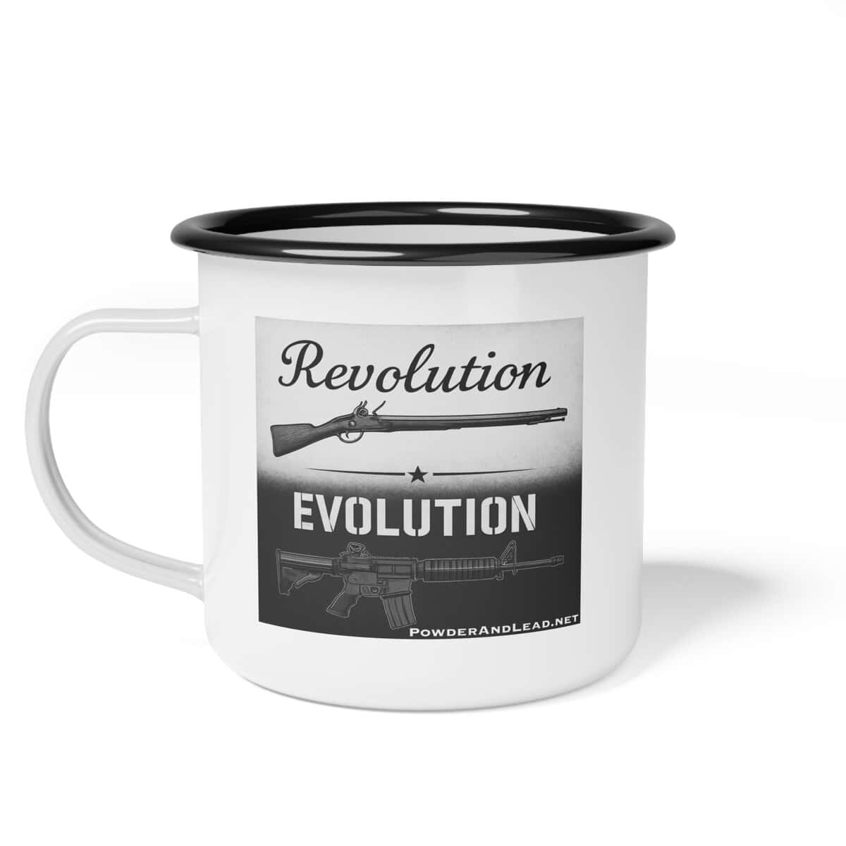 Revolution to Evolution — Enamel Camp Mug — From Flint and Steel to Forged Precision: The Story of American Firepower in Your Hand