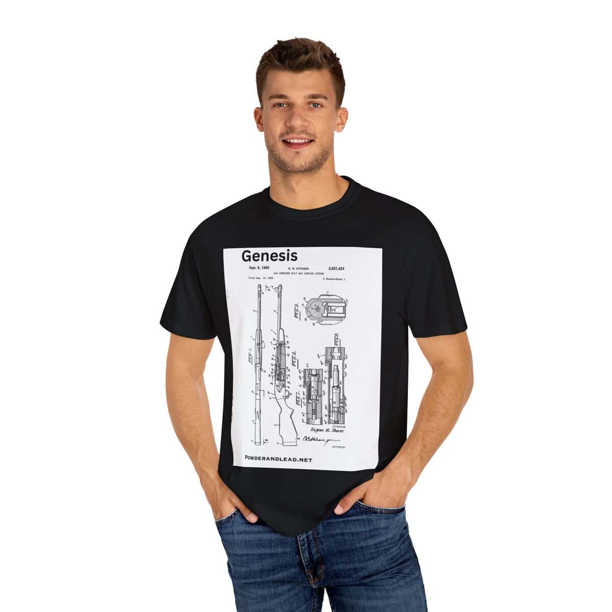 Genesis: The Origin of the Modern Rifle — T-Shirt — every story has a beginning — for the modern rifle, it began with Eugene Stoner - Image 20