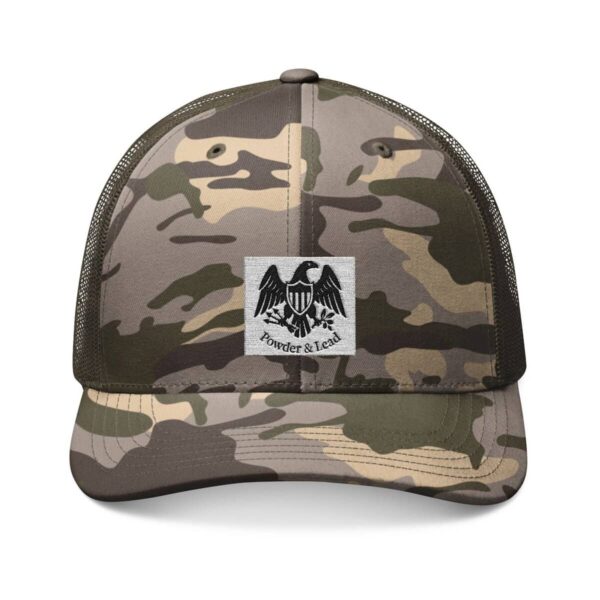 Powder & Lead Eagle Camo Trucker Hat:  Built for the Field. Worn with Pride. Forged in Tradition.