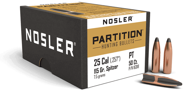 Nosler Partition 25 Cal .257 115gr Spitzer hunting bullets box and bullets