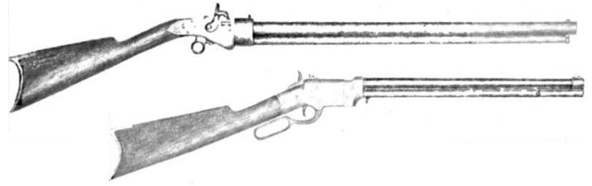 Comparison of Jennings rifle and Volcanic Repeating Arms pistol showing the evolution of the lever-action design