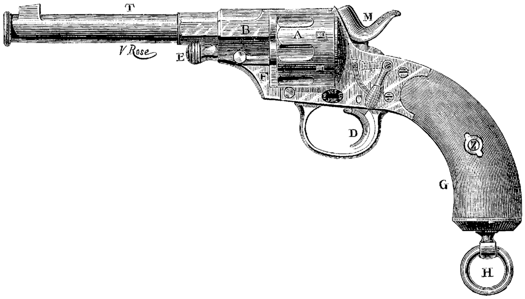 Reichsrevolver period technical illustration showing internal mechanism, circa 1880s