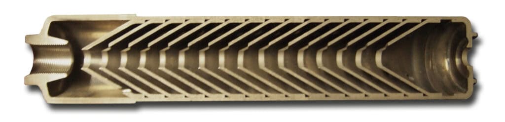 Cross-section view of a suppressor showing internal baffles — understanding how suppressors work helps you learn how to buy a suppressor
