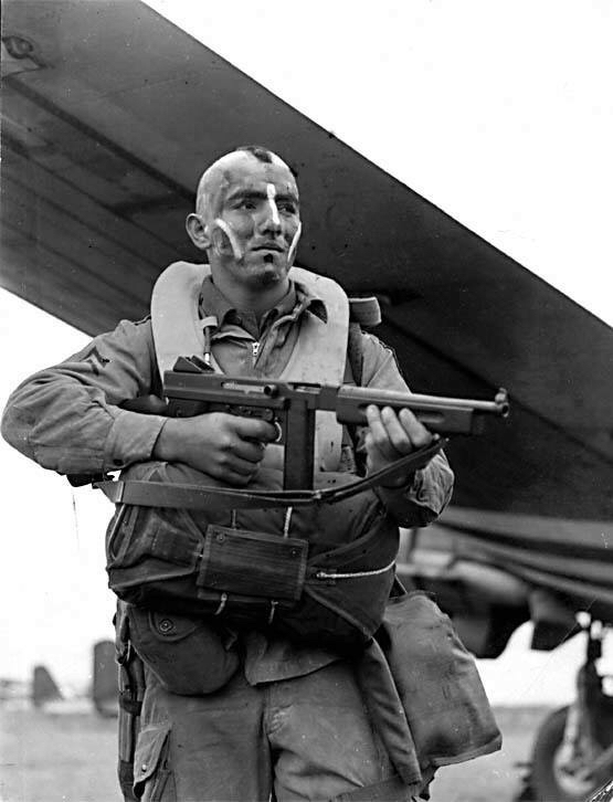 Jake McNiece, 506th PIR, with Thompson M1A1, June 5, 1944
