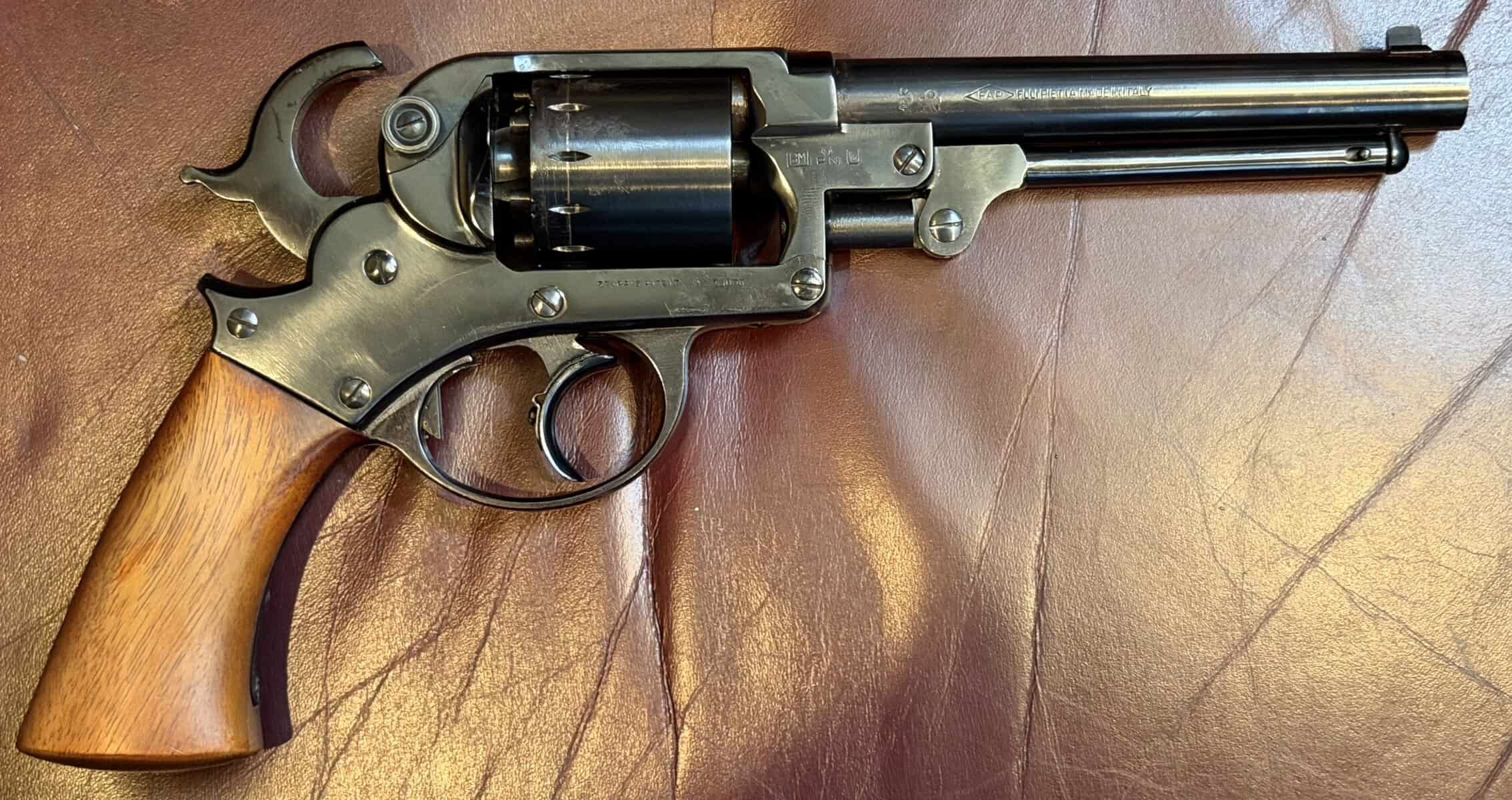 Pietta 1858 Starr reproduction with hammer fully cocked, ready to fire