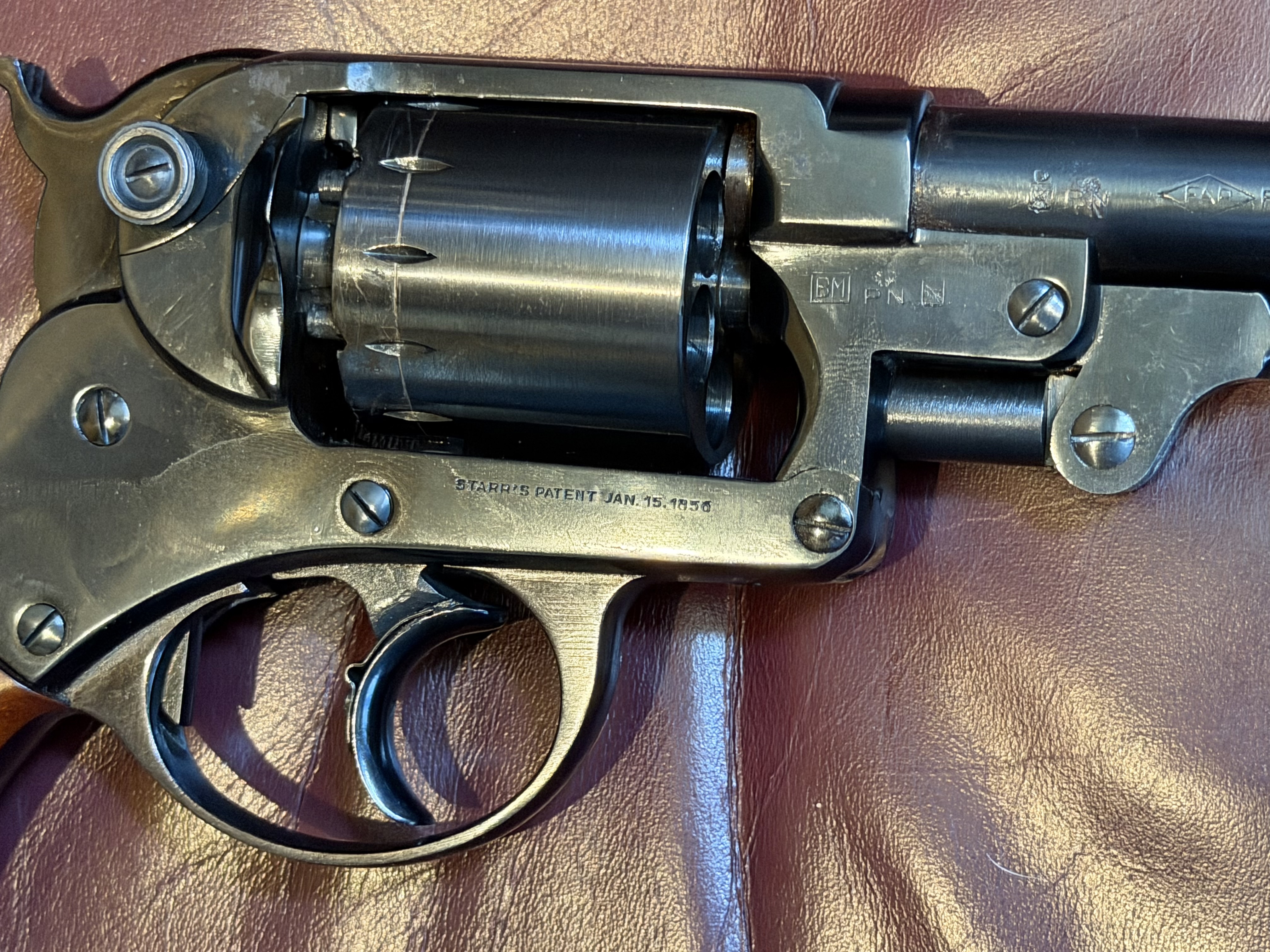 Wider view of the Pietta 1858 Starr reproduction's two-trigger firing mechanism