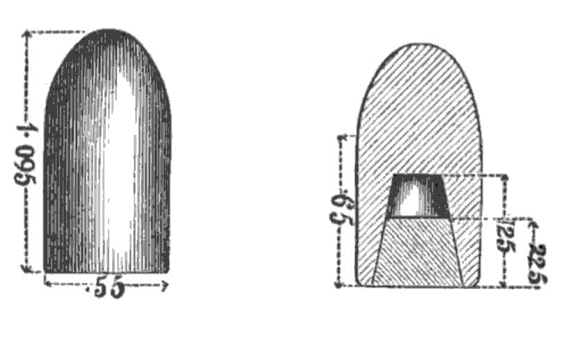 Pritchett bullet illustration cross section showing the .550 hollow-base British Enfield Pattern 1853 projectile