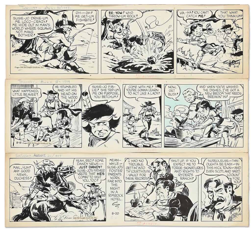 Original art for 47 Red Ryder daily comic strips by cartoonist Fred Harman, all from 1949. Estimate $1,800–$3,400.