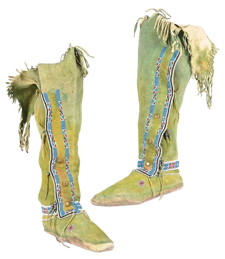 Pair of Kiowa high-top women’s moccasins in bright green pigment with multicolor beadwork. Estimate $3,000–$5,000.