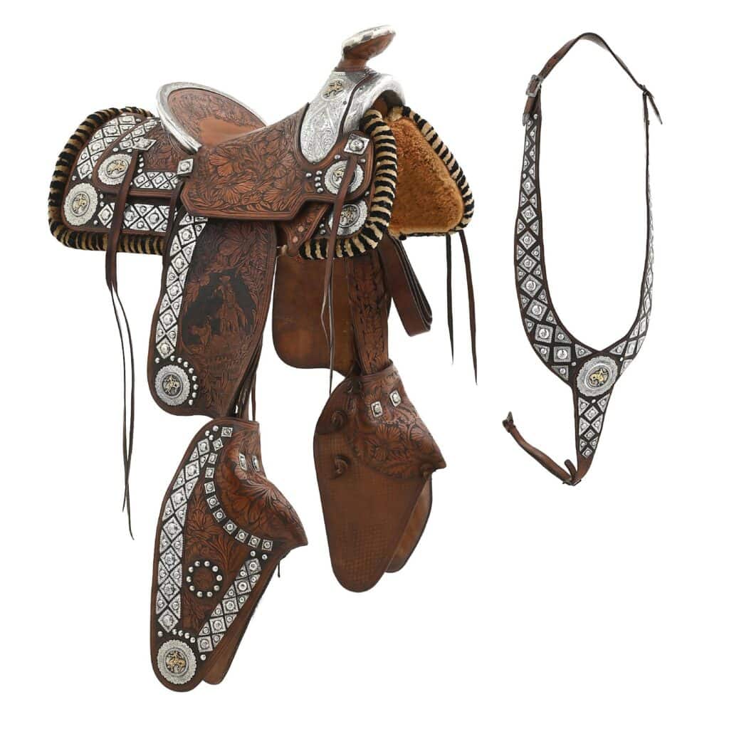The first silver parade saddle built by Nolte-Olsen of San Francisco, circa 1937, in pristine condition. Estimate $40,000–$60,000.