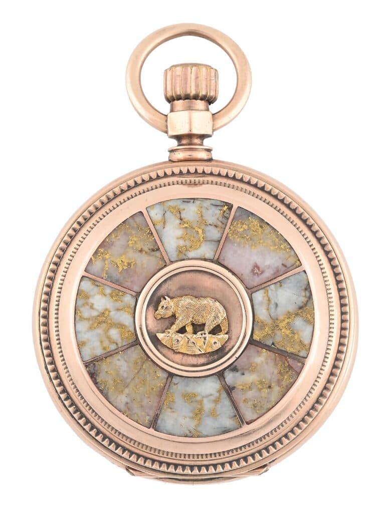 18K pink gold Waltham hunting-cased pocket watch with gold-quartz panels framing a yellow-gold California grizzly bear. Estimate $20,000–$30,000.