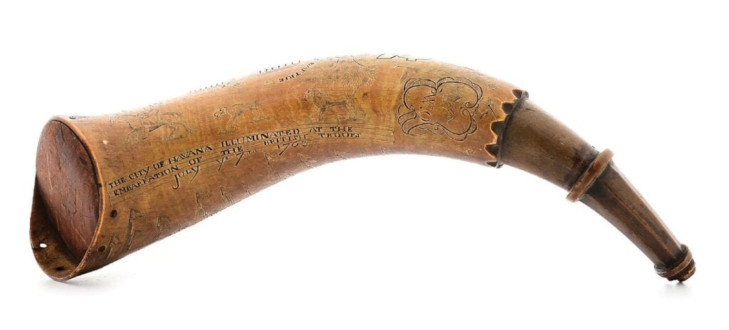 Engraved Havana map powder horn dated 1763